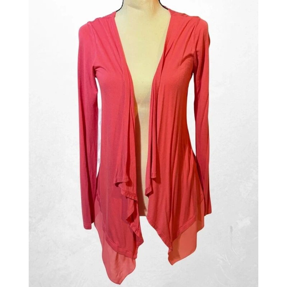 a.n.a Coral Red Waterfall Cardigan Size XS Chiffon Trim Open Front Drape